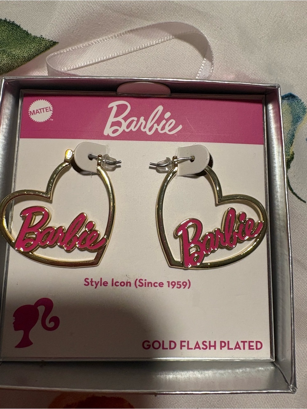 Barbie Gold-Plated Heart Hoop Earrings with Pink Script Logo - Picture 2 of 4